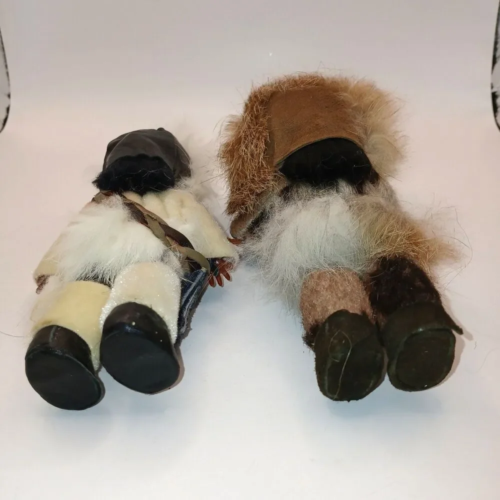 Vtg Native Alaskan Dolls x2 Real Fur Leather Sleepy Eyes Mittens Folk Art 6